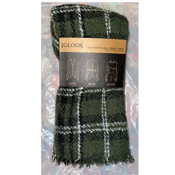 Igloos Ladies Ruana Olive Plaid Shawl Wrap - Picture 1 of 4